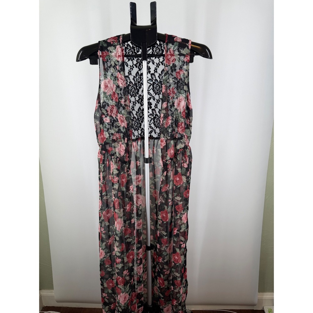 Cecico Floral Sheer Maxi Duster Vest Black Lace Back Rose Print Sleeveless Small